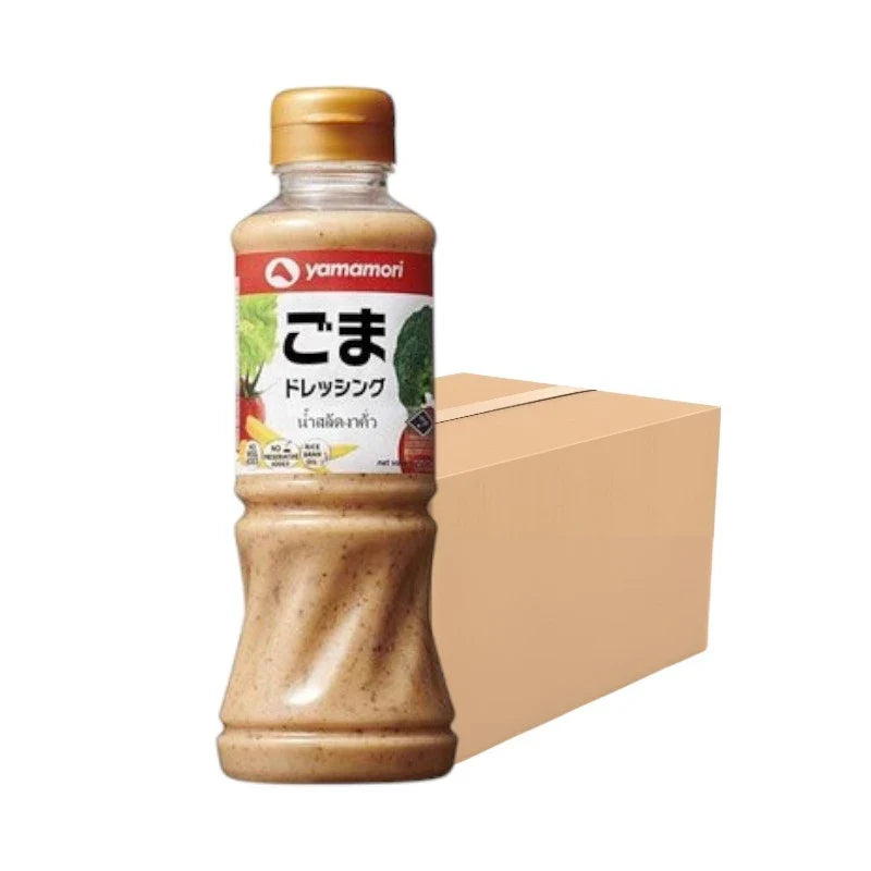 Yamamori roasted sesame salad dressing bottle, 220ml, no MSG, in a pack of 24, for dry grocery and salad preparation.