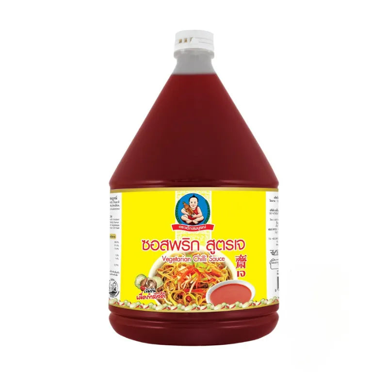 Deksomboon Vegetarian Chili Sauce 2300g jar, Thai dry grocery product with spicy chili and vegetarian ingredients.