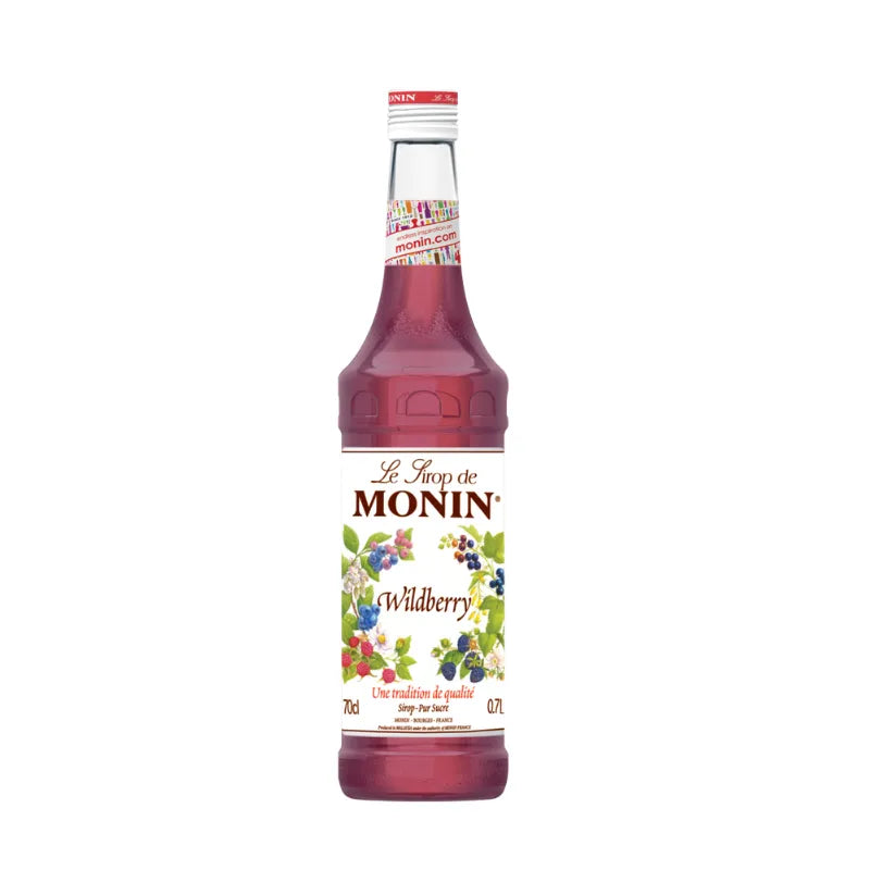 Bottle of MONIN Wildberry Syrup 700ml, a popular dry grocery item with a vibrant berry flavor and colorful label.