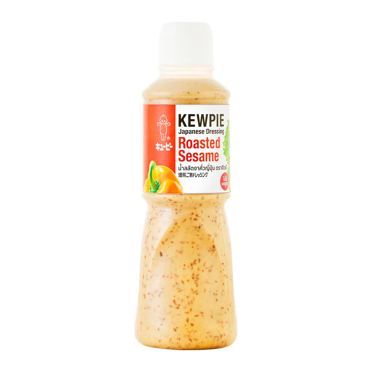Kewpie Roasted Sesame Dressing in a bottle, featuring creamy sesame sauce with roasted sesame seeds, ideal for salads and Asian dishes.