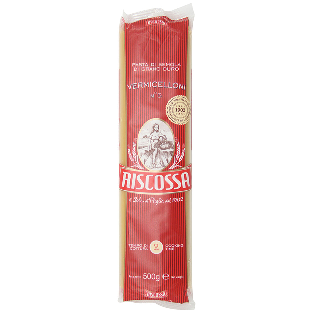 Riscossa Vermicellini #3, thin Italian rice vermicelli noodles for cooking, displayed in a close-up shot.