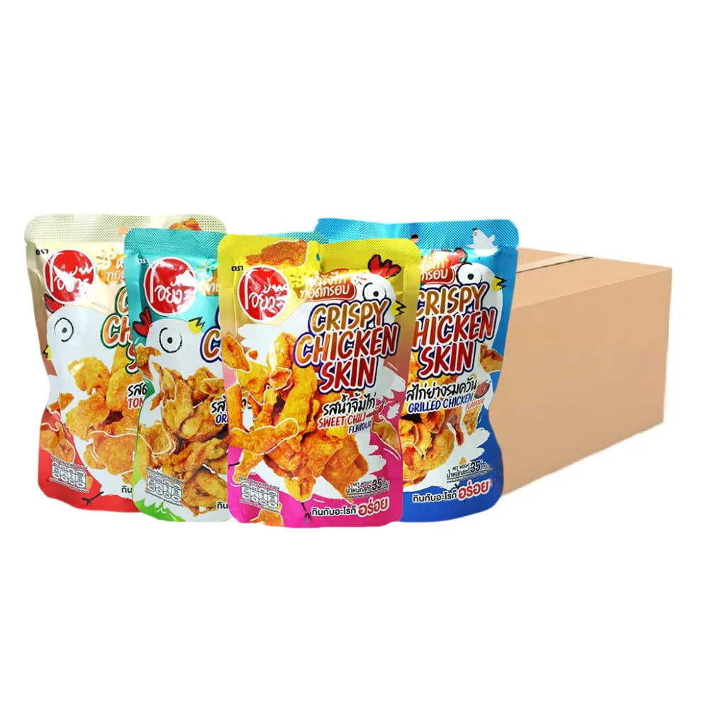 O-YUA Crispy Fried Chicken Skin Snacks, assorted 35g box, crunchy and flavorful chicken skin snack in a colorful package.
