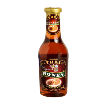 Thai Longan Honey in a jar, natural grocery product from Thai brand, showcasing golden honey with a smooth texture.