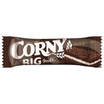 Corny Milk and White Chocolate granola bars shown in packaging, featuring a mix of milk and white chocolate with crunchy texture.