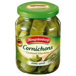 Hengstenberg Cornichons Cocktail Gherkin in glass jar, small crispy pickles for snacking or garnishing.