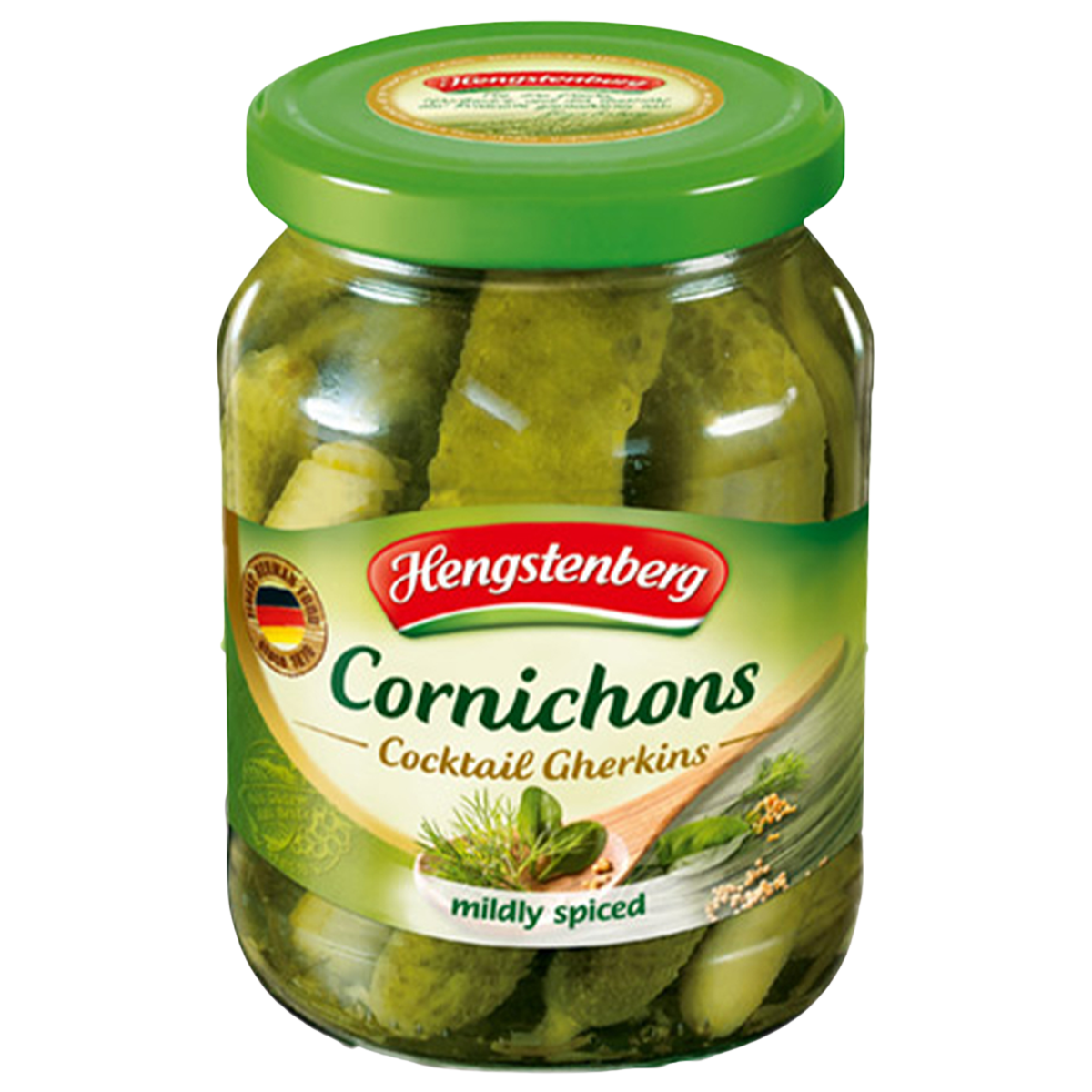 Hengstenberg Cornichons Cocktail Gherkin in glass jar, small crispy pickles for snacking or garnishing.