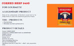 Hereford gluten-free corned beef cans, 340g each, stacked in a pack of six, suitable for dry grocery shopping.