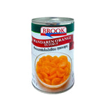 Canned Brook Mandarin Orange in syrup, 425g, showing bright orange slices submerged in sweet syrup in a can