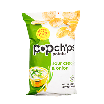 Popchips Sour Cream & Onion snack bag showing crispy chips with sour cream and onion flavoring in a colorful package.