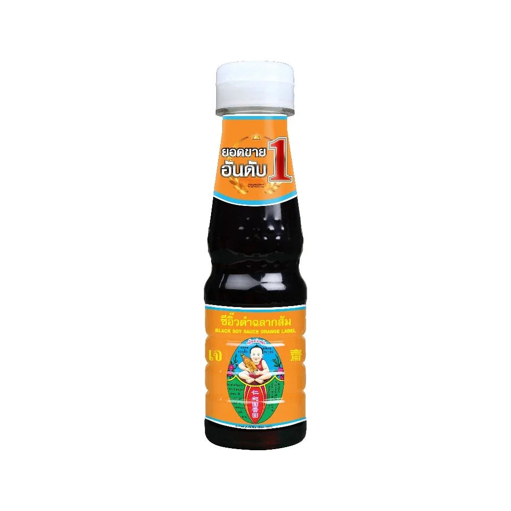 Deksomboon Black Soy Sauce 190g bottle, traditional Asian condiment for cooking and seasoning in dry grocery aisle