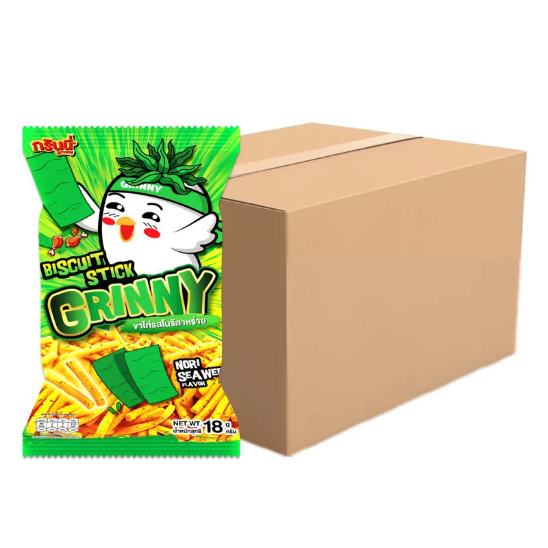 Grinny Biscuit Stick with Nori Seaweed flavor, 18g, a dry grocery snack with crispy biscuit sticks and seaweed seasoning.