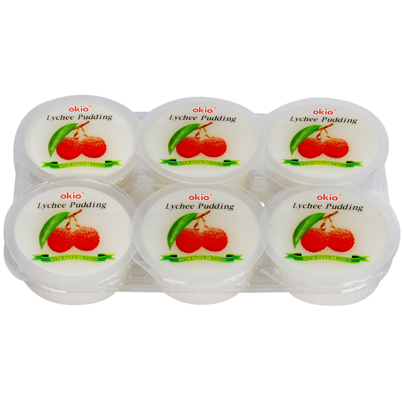 Okio Lychee Flavored Pudding Snack in a cup, creamy and fruity confectionery treat with fresh lychee pieces.