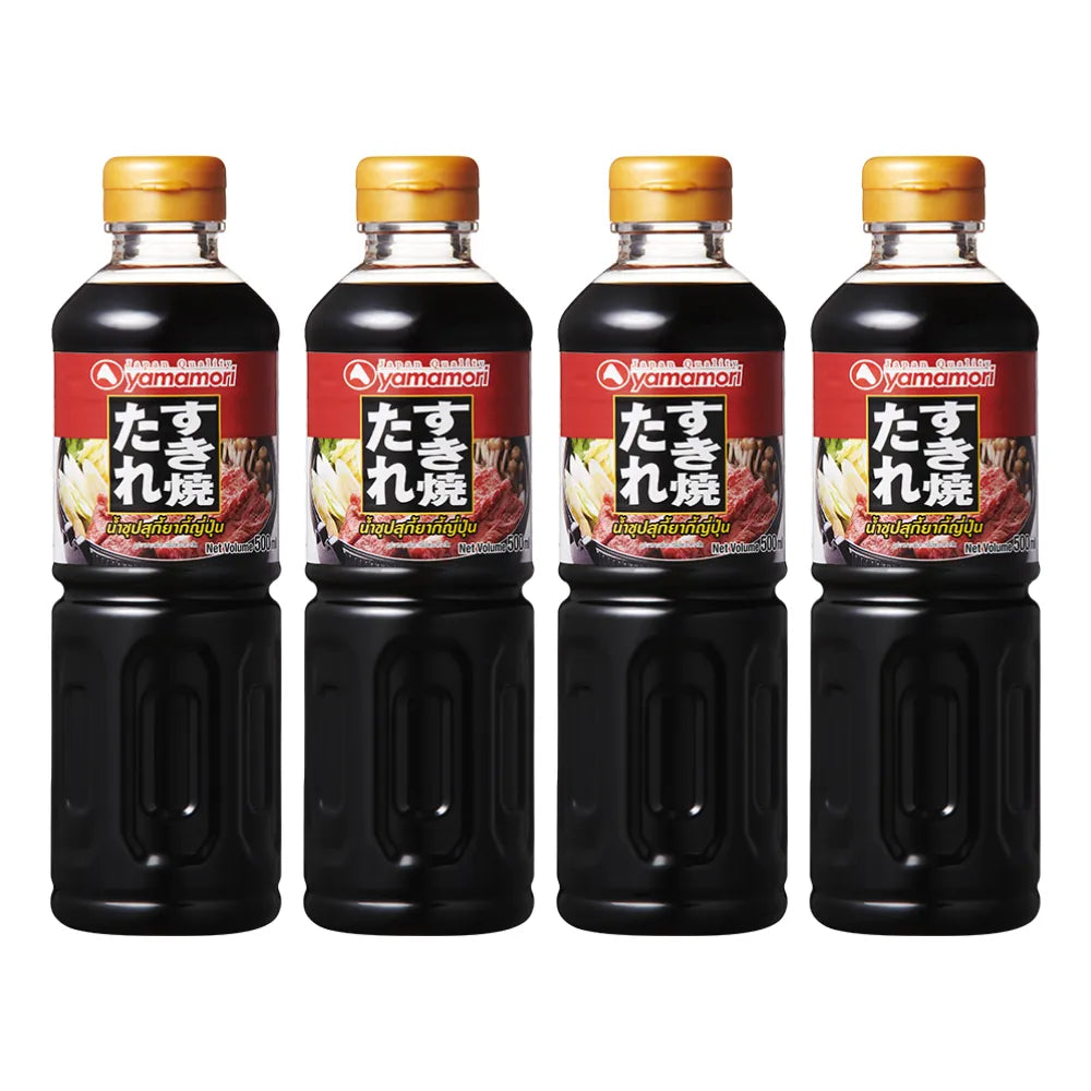 Yamamori Sukiyaki Soup 500ml bottle, a Japanese dry grocery product, shown in a set of four bottles with label details visible.