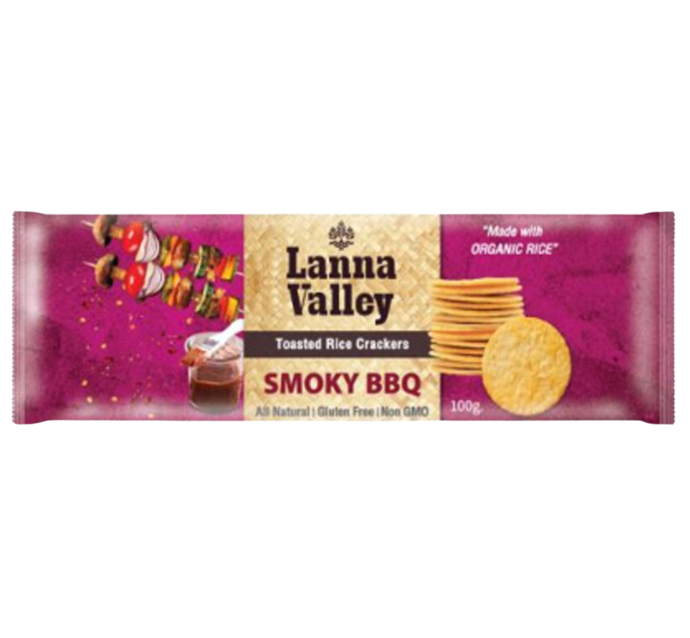 Lanna Valley Organic Rice Crackers Smoky BBQ flavor, crispy confectionery snack with smoky barbecue seasoning, on a white background.