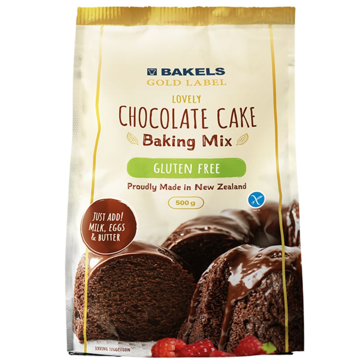Bakels gluten-free chocolate cake mix package showing the product label and branding on a grocery store shelf