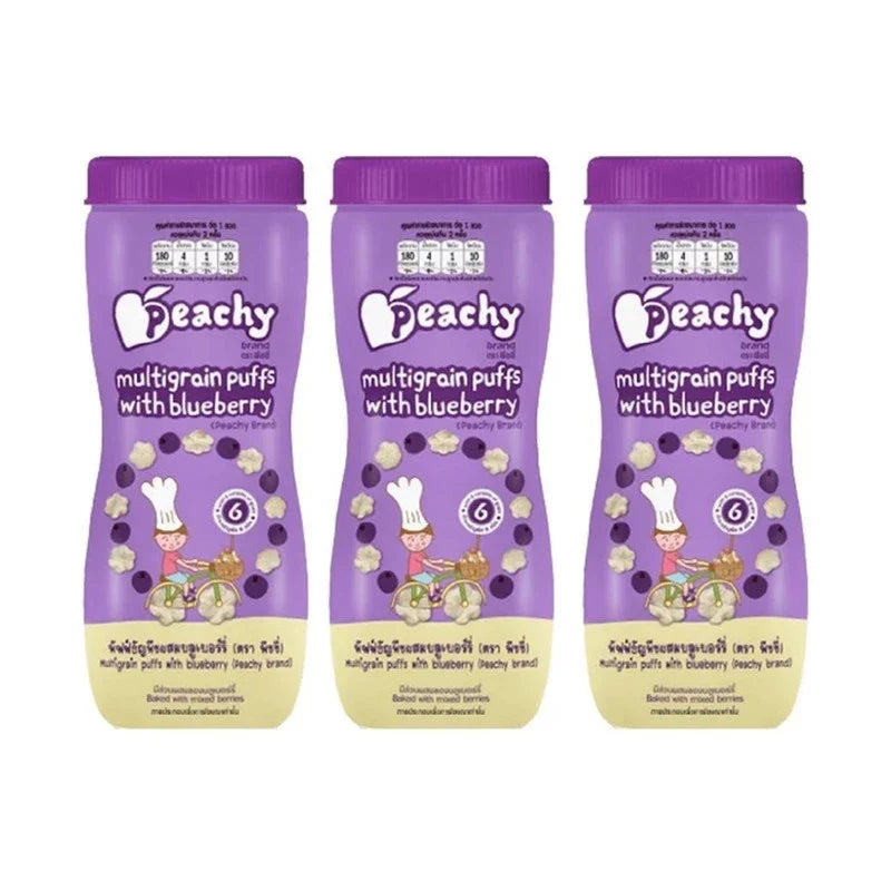 PEACHY cereal puff snacks in a clear jar, dry grocery snack with colorful puff treats, perfect for confections and snack lovers.