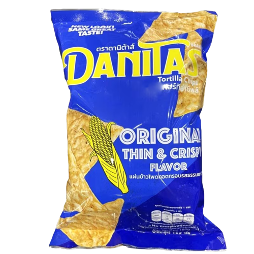 Danitas Tortilla Chips in a colorful bag, crispy snack made by Danitas, perfect for sharing or enjoying as a tasty treat.