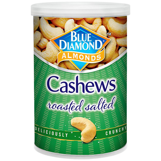 Blue Diamond roasted salted cashews nuts, a crunchy confectionery snack with golden-brown roasted cashews on a white background.
