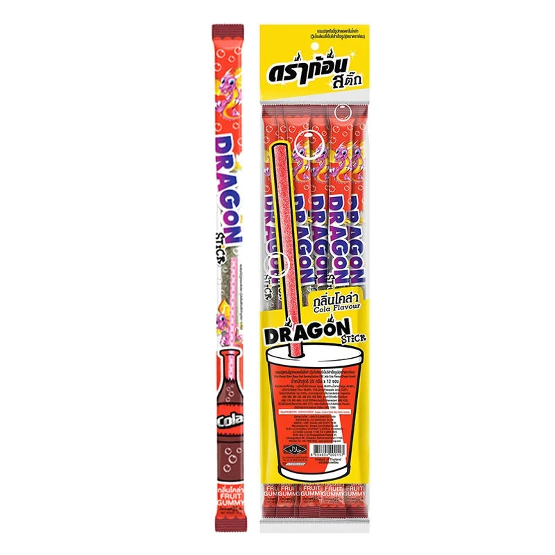 Dragon Tongue Stick Gummy Cola 22g, colorful cola-flavored gummy candies in a clear wrapper, from Dragon Tongue snack brand.