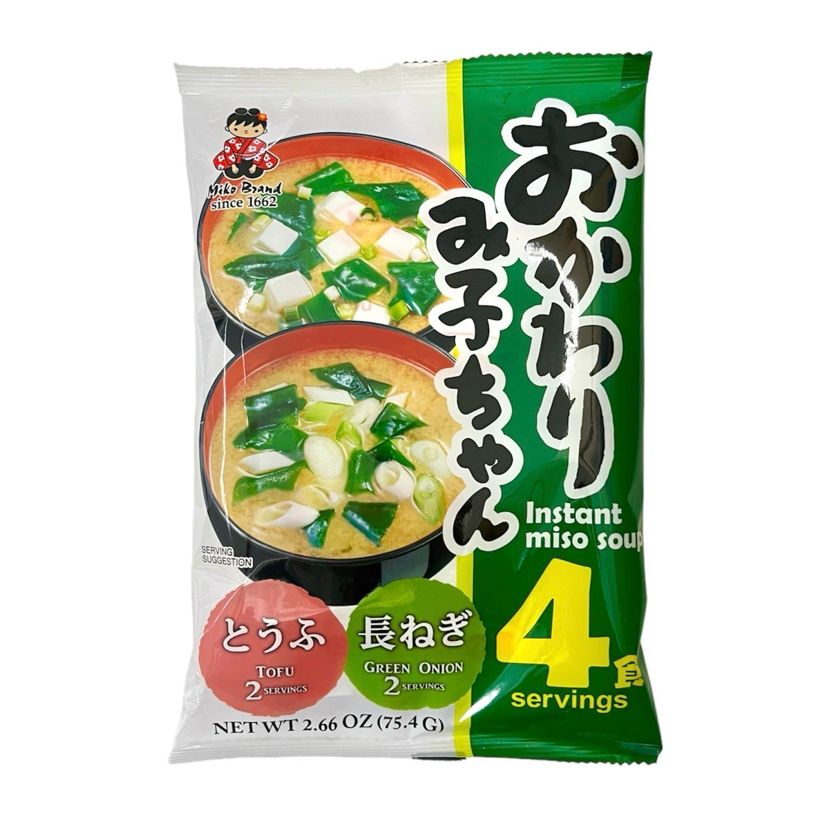 Shinsyuichi Okawari Mikochan green onion tofu miso soup in a bowl with chopped green onions and tofu pieces.