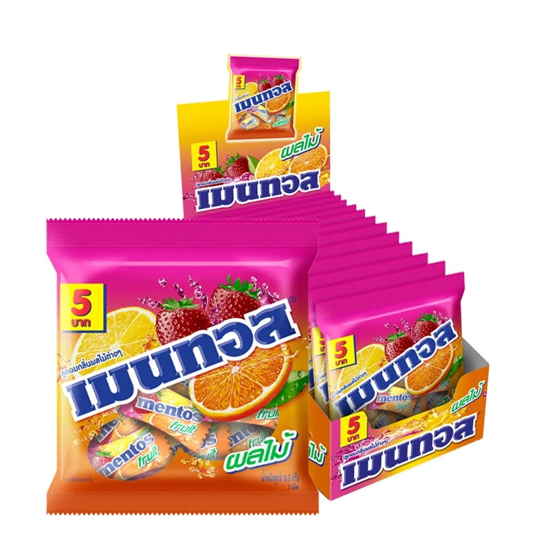 Mentos Mini Bag Fruit Candy 18.9g, colorful chewy fruit-flavored confections in a snack-sized package.