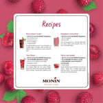Monin Raspberry Fruit Mix bottle in 1000ml size, ideal for dry grocery use, showcasing the raspberry flavor and branding on the label.