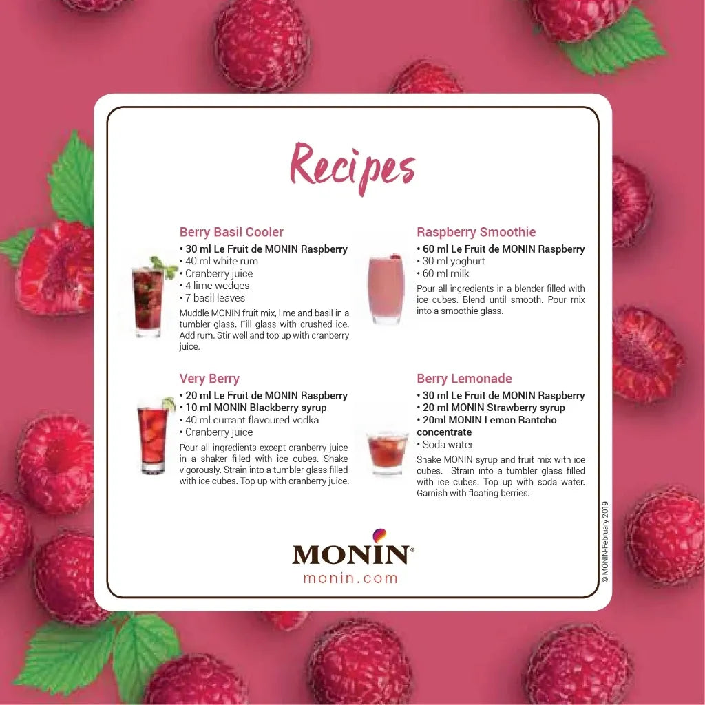 Monin Raspberry Fruit Mix bottle in 1000ml size, ideal for dry grocery use, showcasing the raspberry flavor and branding on the label.