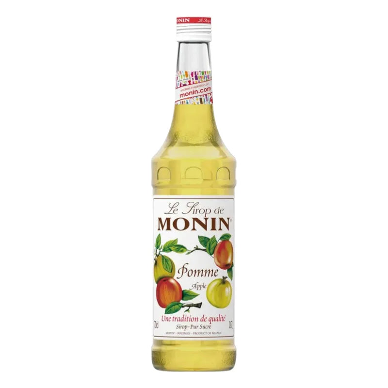 Bottle of MONIN Apple Syrup 700ml for dry grocery, showing the label and packaging on a white background.