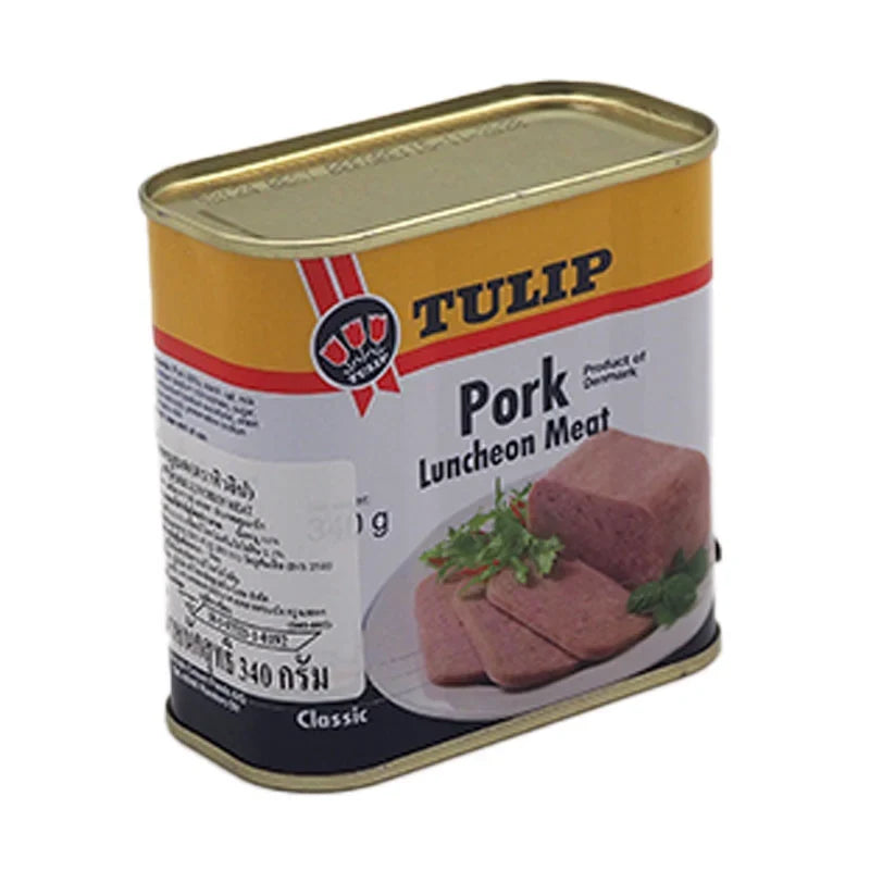 Sliced Tulip Danish Pork Luncheon Meat in a 340g package, showing the pink, cooked pork slices on a white background.