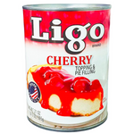 Ligo Cherry Pie Filling and Topping jar with red cherry filling visible in a clear glass jar.