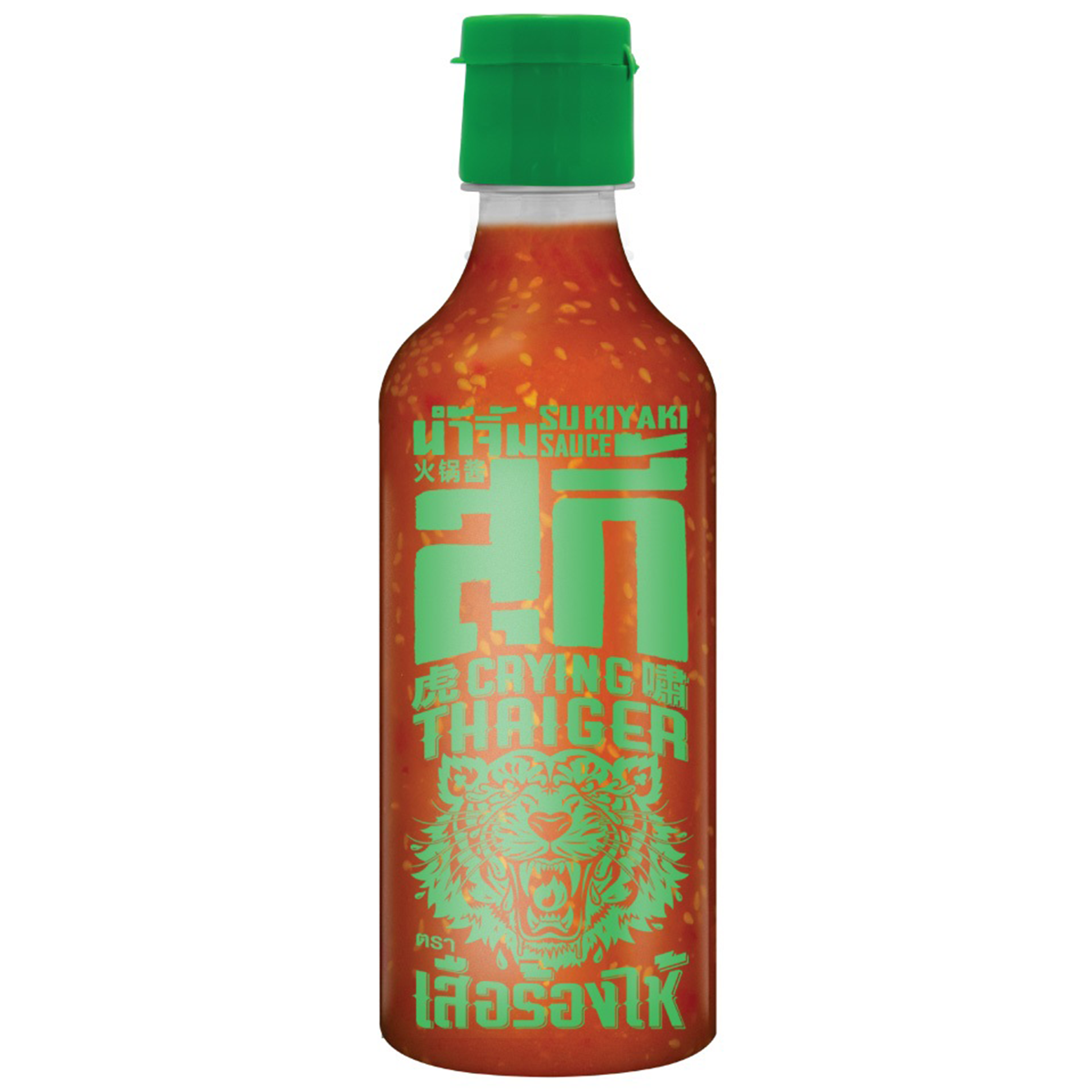 Crying Tiger Sukiyaki Sauce bottle, savory Asian grocery condiment with a red label and brand logo, on a white background.