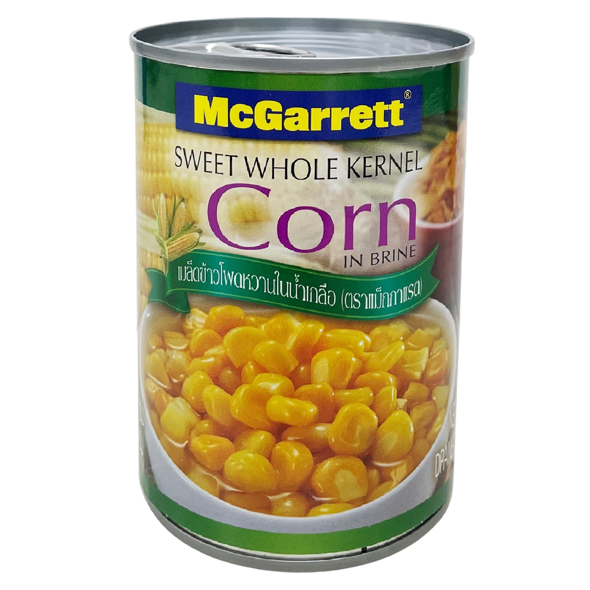 Canned McGarrett Sweet Whole Corn in a green and yellow label, showing whole corn kernels inside the can.