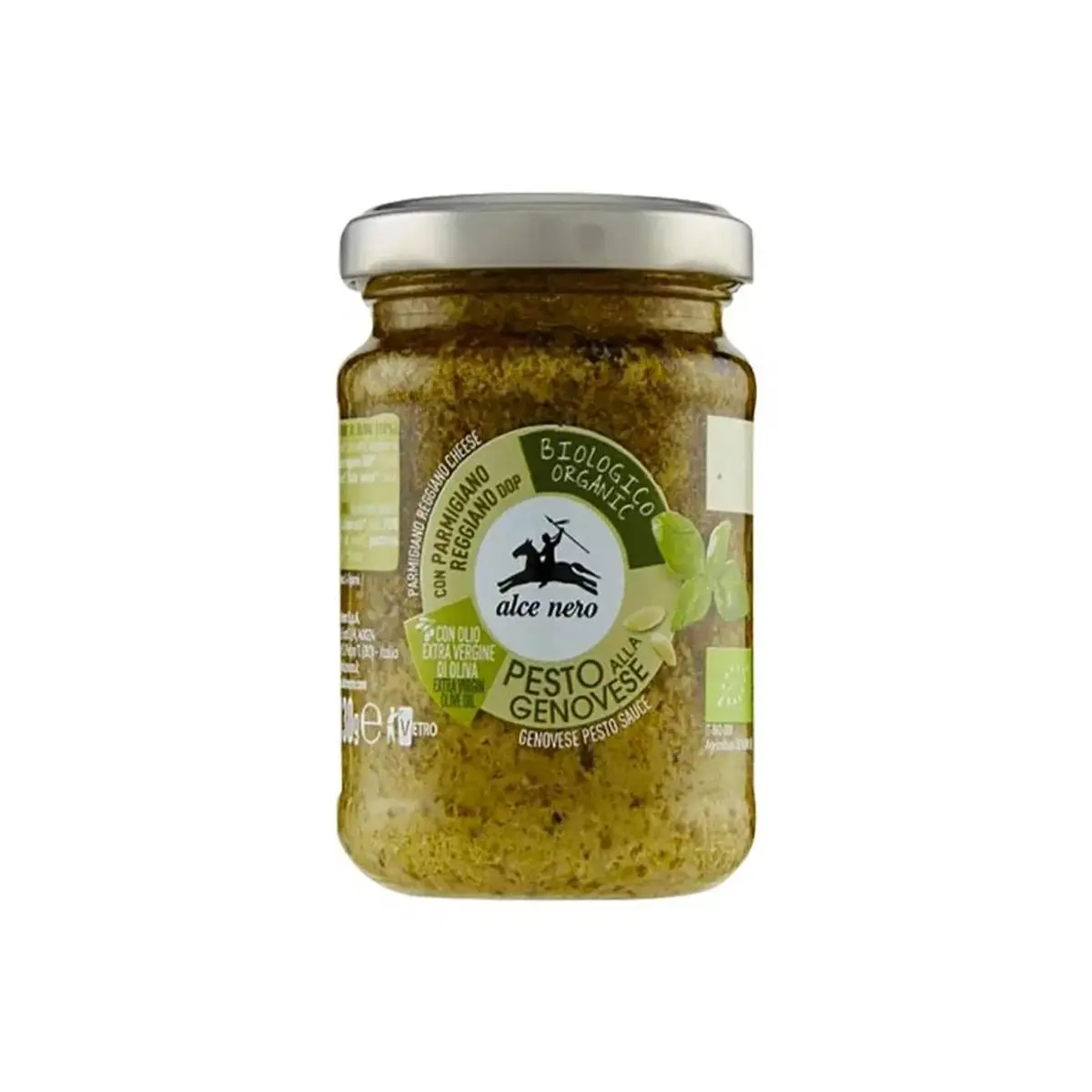 Organic Alce Nero Pesto alla Genovese jar with basil, garlic, pine nuts, and olive oil on a white background.