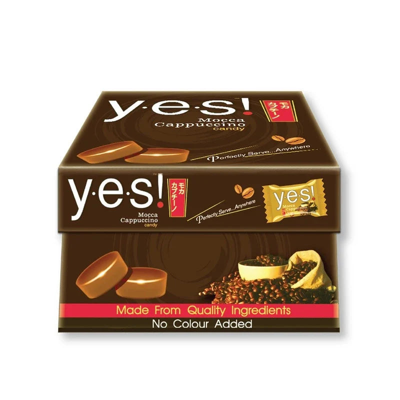 YES! Candy Mocha Cappuccino snack pack, 79.2g, dry grocery confectionery with mocha and coffee flavor, in a colorful packaging.