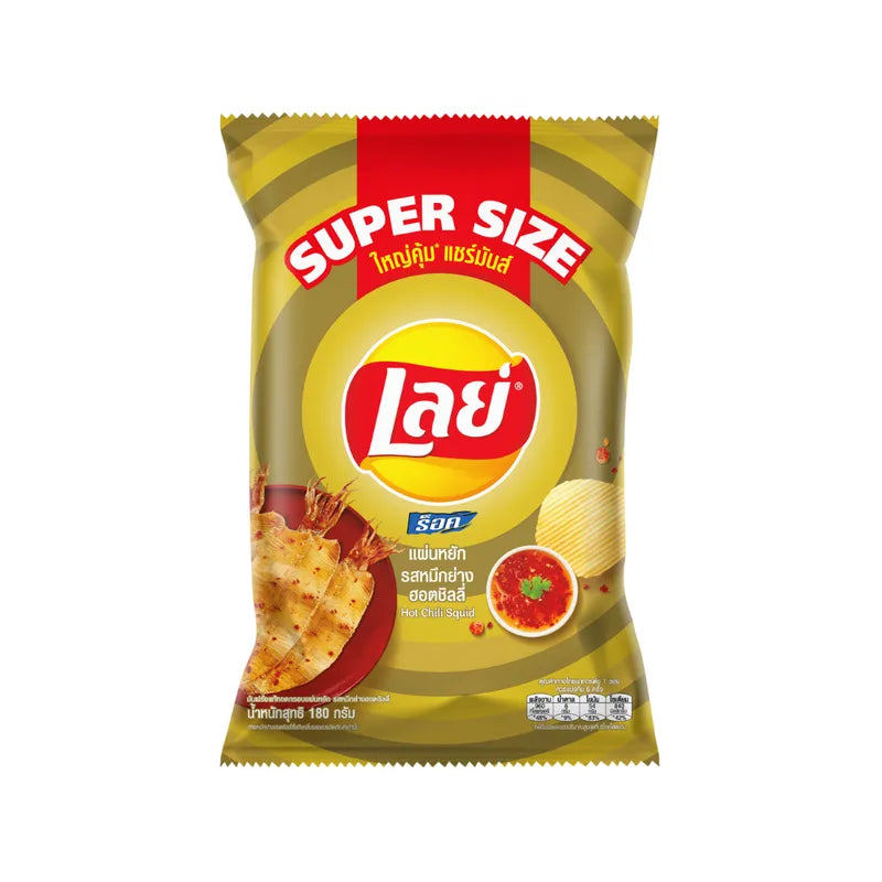 LAYS Rock HOT Chili Squid snack, 180g package, featuring spicy chili flavor and squid shape in a colorful snack package.