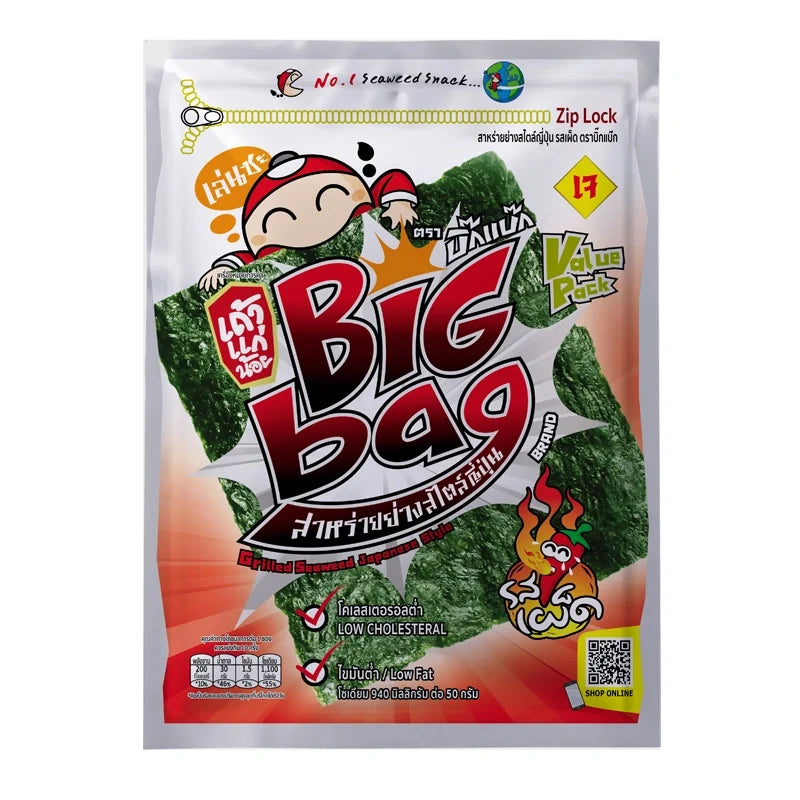 Taokaenoi spicy grilled seaweed snack in 60g package, dry grocery snack, crispy and flavorful seaweed product.