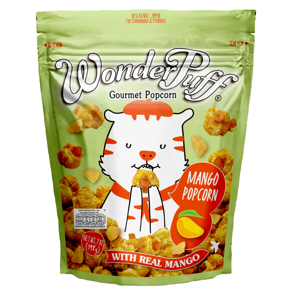 Wonder Puff Mango Popcorn, colorful confectionery snack with vibrant mango flavor and fluffy popcorn pieces.