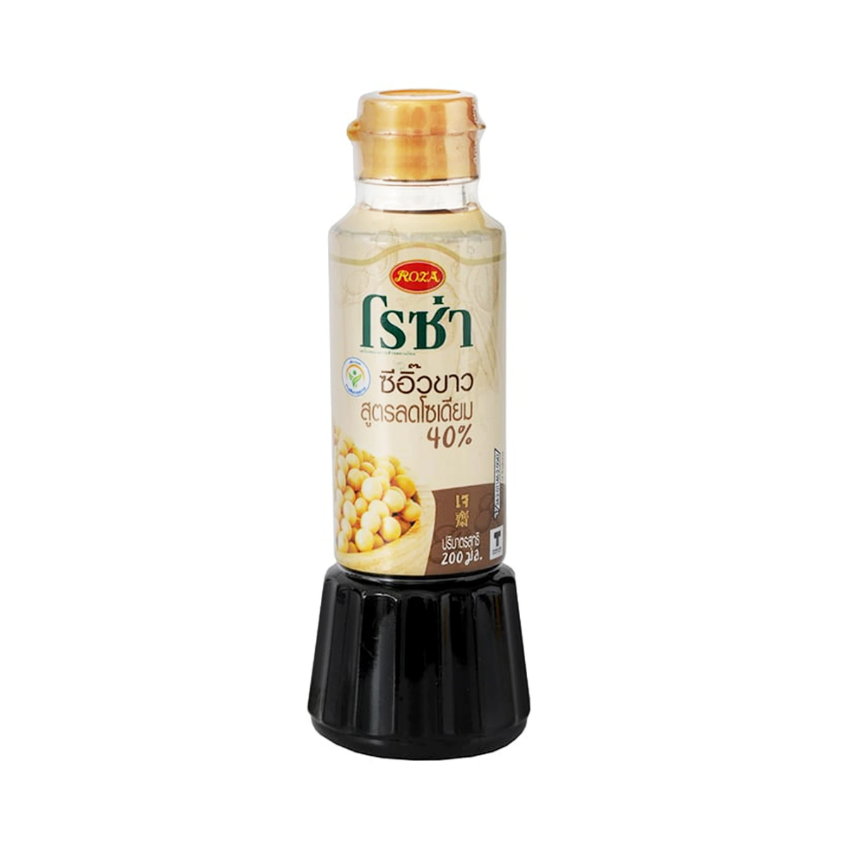 Bottle of Roza Soy Sauce from Roza Grocery, with dark soy sauce inside and label visible on the container.