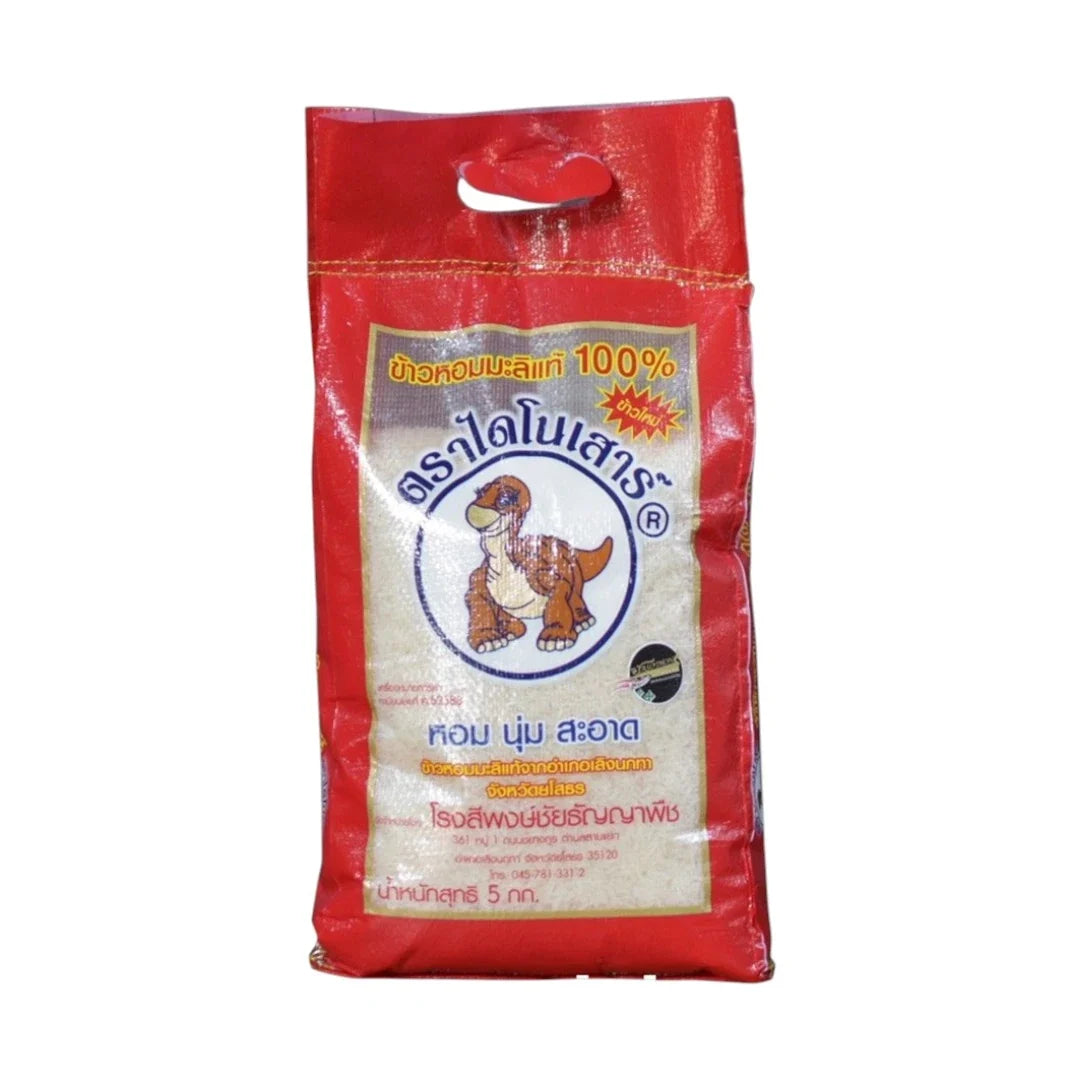 Dinosaur Rice Jasmine rice in a 5kg bag, early season dry grocery product, featuring a close-up of the rice grains.