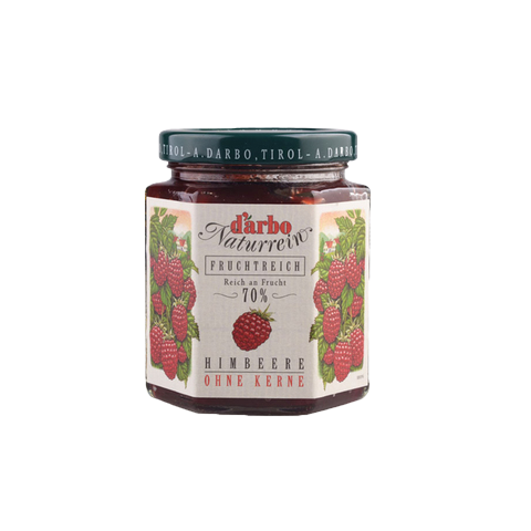 Jar of Darbo Raspberry Double Fruit Jam with fresh raspberries and fruit spread visible on the label.
