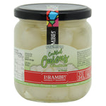 Jar of Larambla Premium Cocktail Onions from Larambla brand, showcasing shiny, pickled cocktail onions in a clear glass jar.