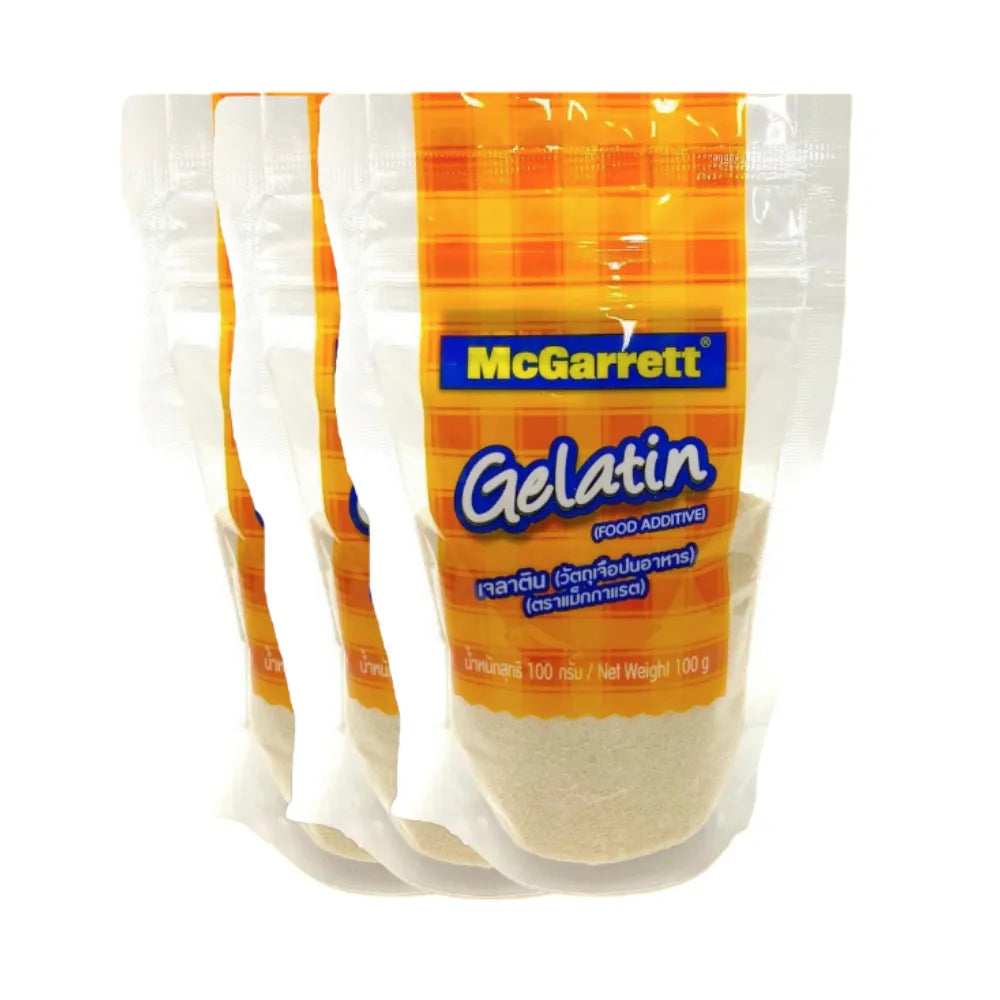 Mcgarrett Gelatin 100g package, dry grocery product from MCGARRETT, showing the gelatin powder in a sealed packet.