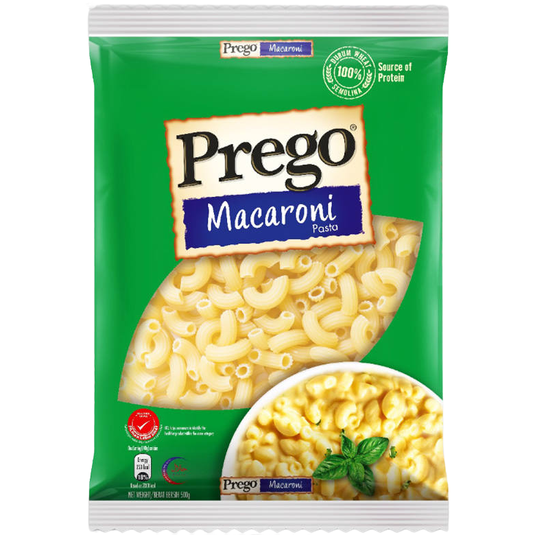 Prego macaroni pasta in a grocery store, featuring a close-up of the pasta shape in a clear package.