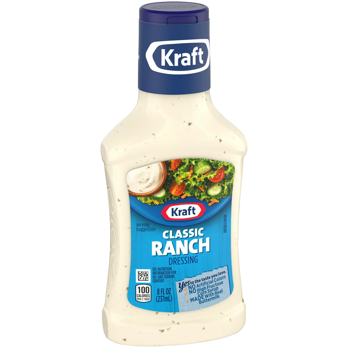 Kraft Classic Ranch Dressing bottle with creamy white dressing, labeled as a grocery product for salads and dips.