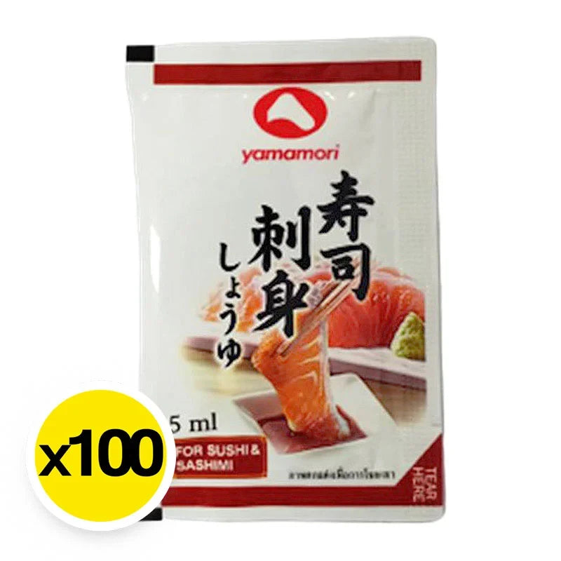 Yamamori Sashimi Shoyu soy sauce bottles, 5ml each, packaged in a box, for authentic Japanese sashimi and sushi dipping.