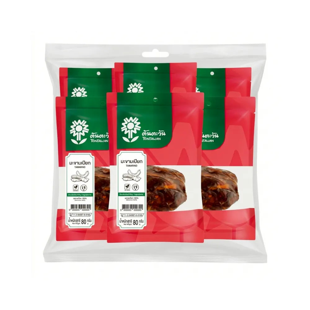 Tontawan Tamarind 80g pack, dry grocery product from TONTAWAN, showing tamarind packets stacked neatly.