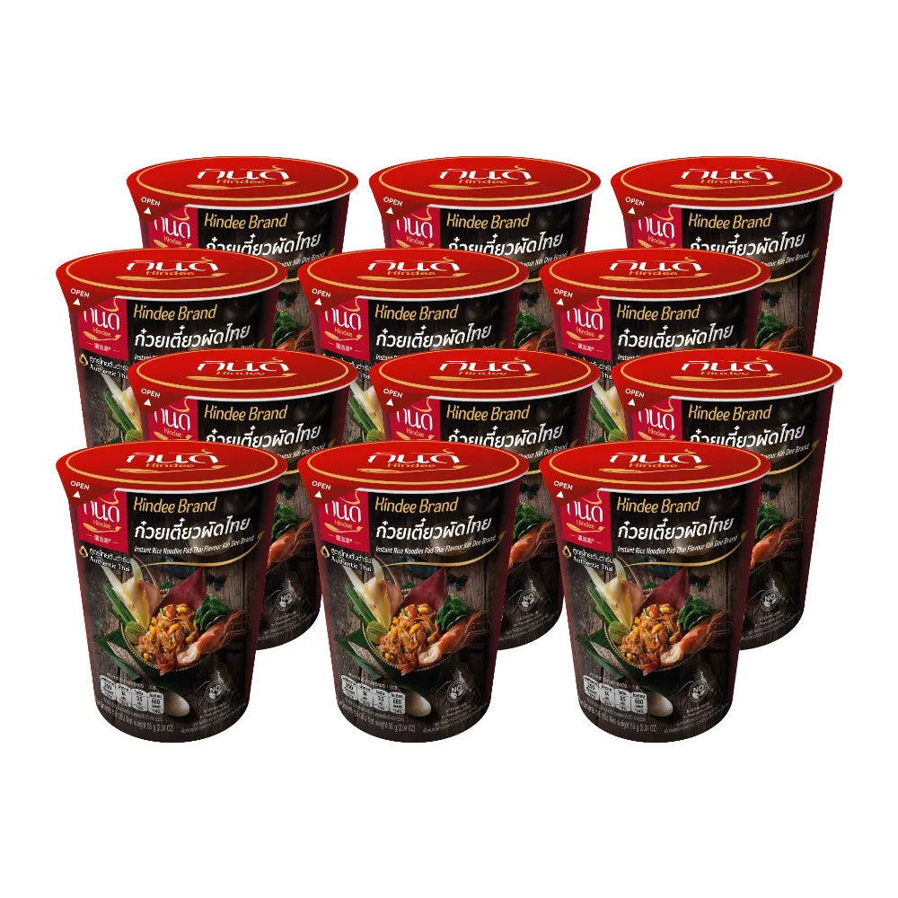 Pack of 12 Kindee Pad Thai Cup 58g dry grocery products, showing the packaged noodle cups on a plain background.