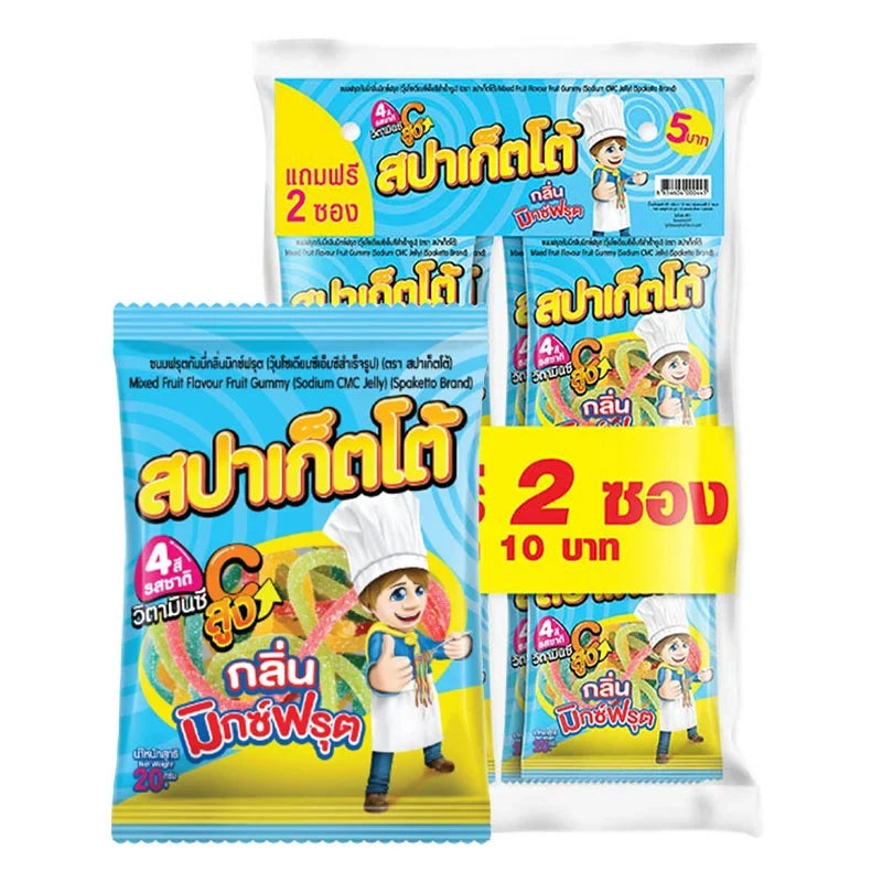 SPAKETTO Gummy Mixed Fruit 20g snack pack, colorful assorted fruit gummies in clear packaging.