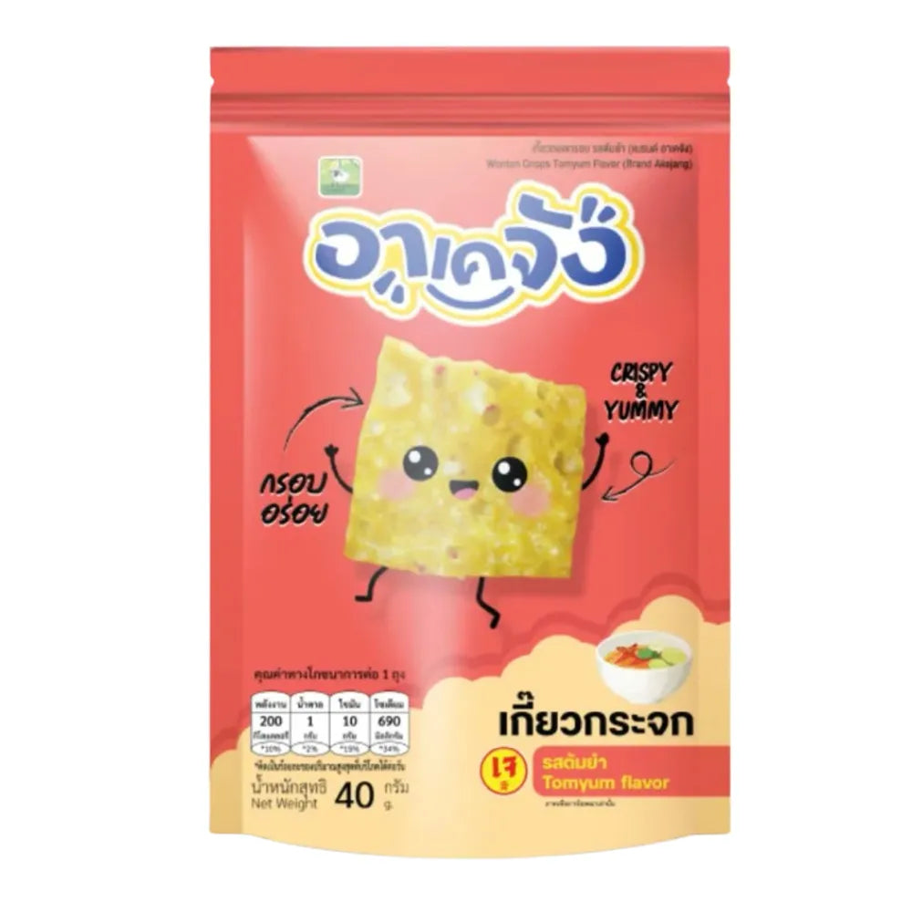 Akejang Glass Dumplings Tom Yum Flavor snack in 40g packaging, featuring colorful, transparent dumplings with spicy Tom Yum seasoning.