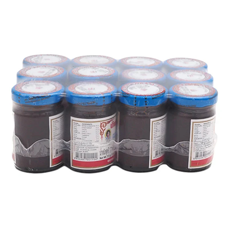 Maepranom Chili Paste 57g x12 box, traditional Thai dry grocery product with vibrant red chili paste in a sealed package.